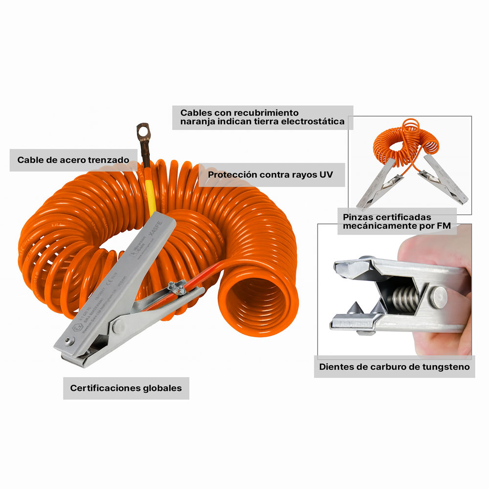 Pinzas de puesta a tierra electrostática certificadas ATEX de acero inox. con dientes capaces de perforar recubrimientos aislantes
